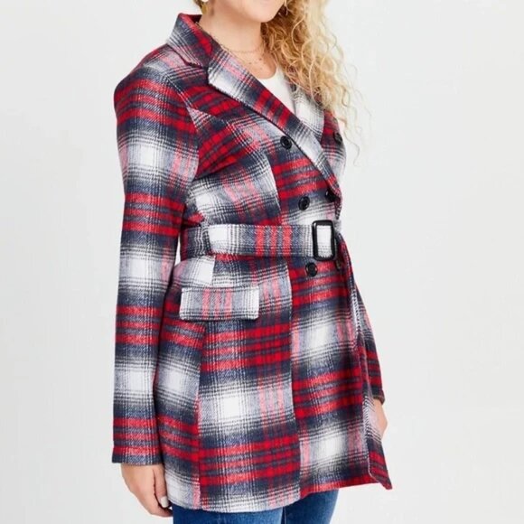Altar'd State Plaid Belted Pea Coat - Picture 1 of 7